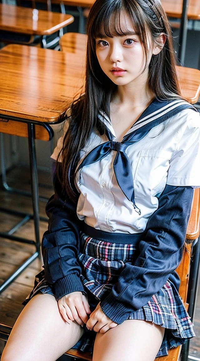 (8K、RAW Photos、Highest quality、masterpiece:1.2)、(Realistic、Photorealistic)、1 Girl、((Check mini skirt、Loafer Uniform、blazer、Small breasts、classroom、I sat on a chair、Viewed from the front、Spread your legs、White silk panties))、Lots of eyelashes、Add shine to your eyelids、skeletally correct、Show off your panties、Open your legs to the side、Panty Shot、sexy、(Panties close up:1.0)、Skirt Lift、Lift up the skirt、I can see her pant(M-shaped legs))