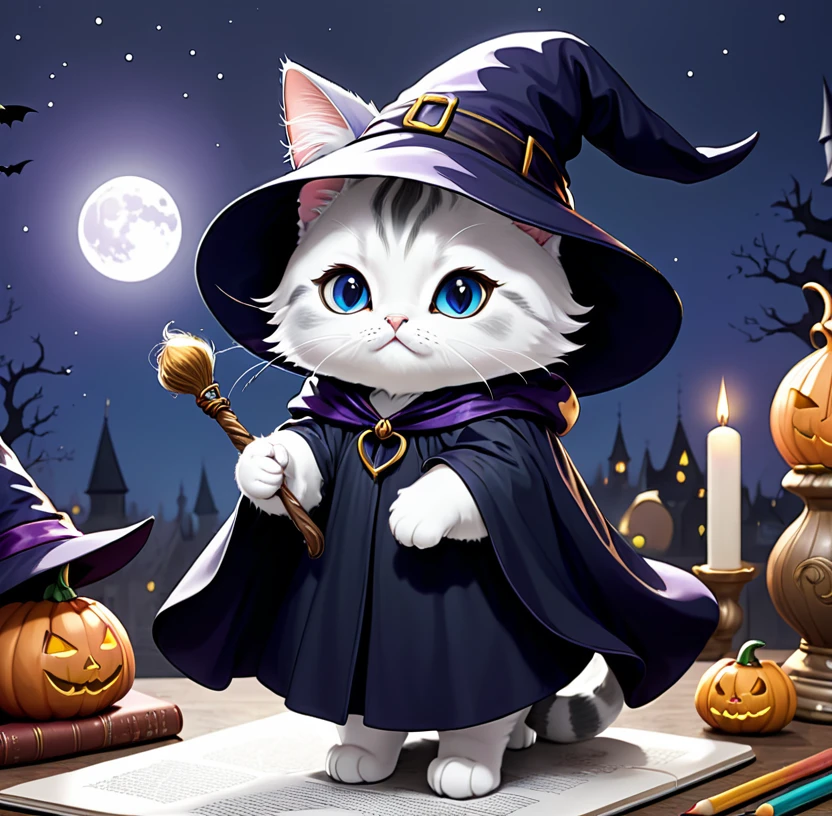 Coloring book、An illustration、Monochrome、Outline Image、Wizard Cat、Hat and cloak、Cat Witch、cute、witch&#39;s hut、Clear lines