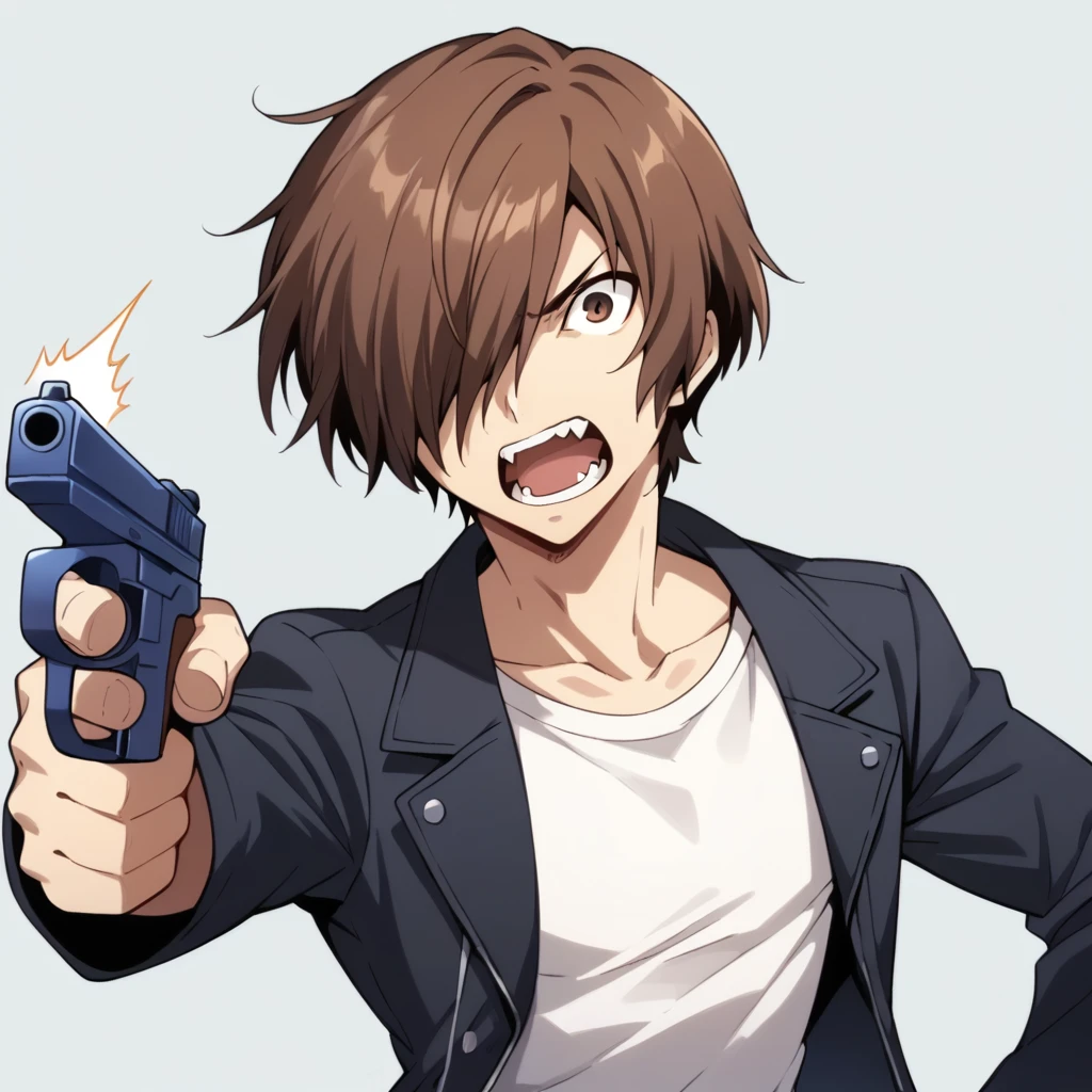 score_9, score_8_up, score_7_up,  BREAK solo, makotoyuki, yuuki makoto, 1boy, slim, Anthro furry brown wolf, brown eyes, brown hair, hair over one eye, short hair, white shirt, black jacket, gekkoukan high, holding a gun, pointing a gun to his head, yelling, surrounded by a blue aura, simple dark grey background 