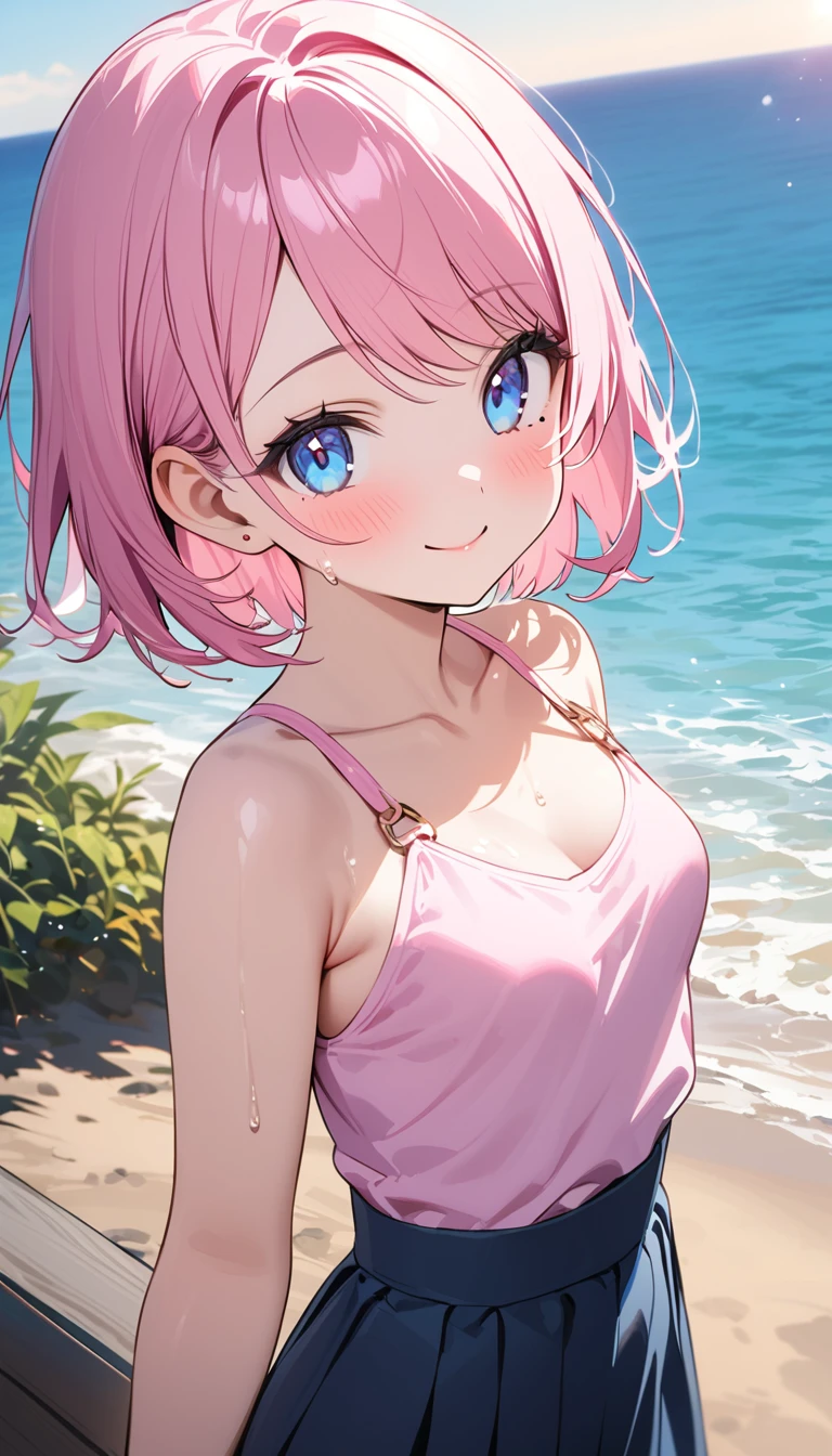 (1 girl),(Best Picture Quality, 8K, Masterpiece:1.3), (high school student:1.5), ((pink lob hair:1.1)), (bob cut),(swept bangs), (cute eyes, pupil black, iris skyblue, youthful face), (mole under right eye), (standard weight), (small breasts), (glistening skin:1.1),(pale skin:1.2),(pink Tank-top bikini),(seaside),((Gyaru fashion:1.3)),(wet:1.1),((summer scene:1.2)),(magnificent view),(overlooking),(Smile).