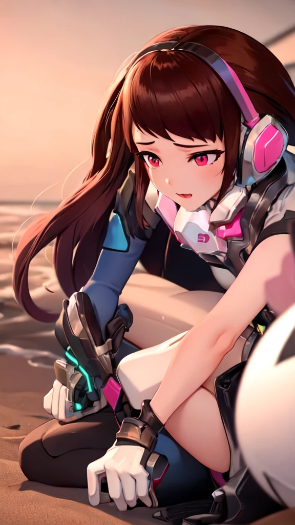 Masterpiece, Best Quality, High Resolution, 1girl, Super High Resolution, Solo, Mech Pilot, D.VA, Headphones, Pink Eyes, Blue bikini Tights, Brown Hair, White Gloves, Cat Face Adornament, neon beach at night, kneeling
