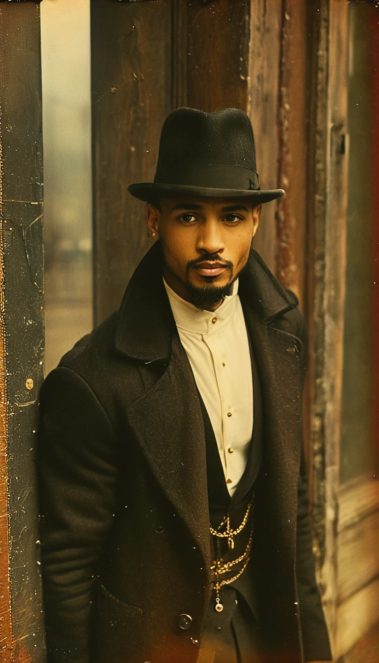 (Bald brunette mulatto) (goatee) (white dress shirt with long puffed sleeves) wears a black bowler-style hat, burgundy-colored vest with gold buttons, black overcoat, black trousers, gold pocket watch, gold rings on his fingers, sir