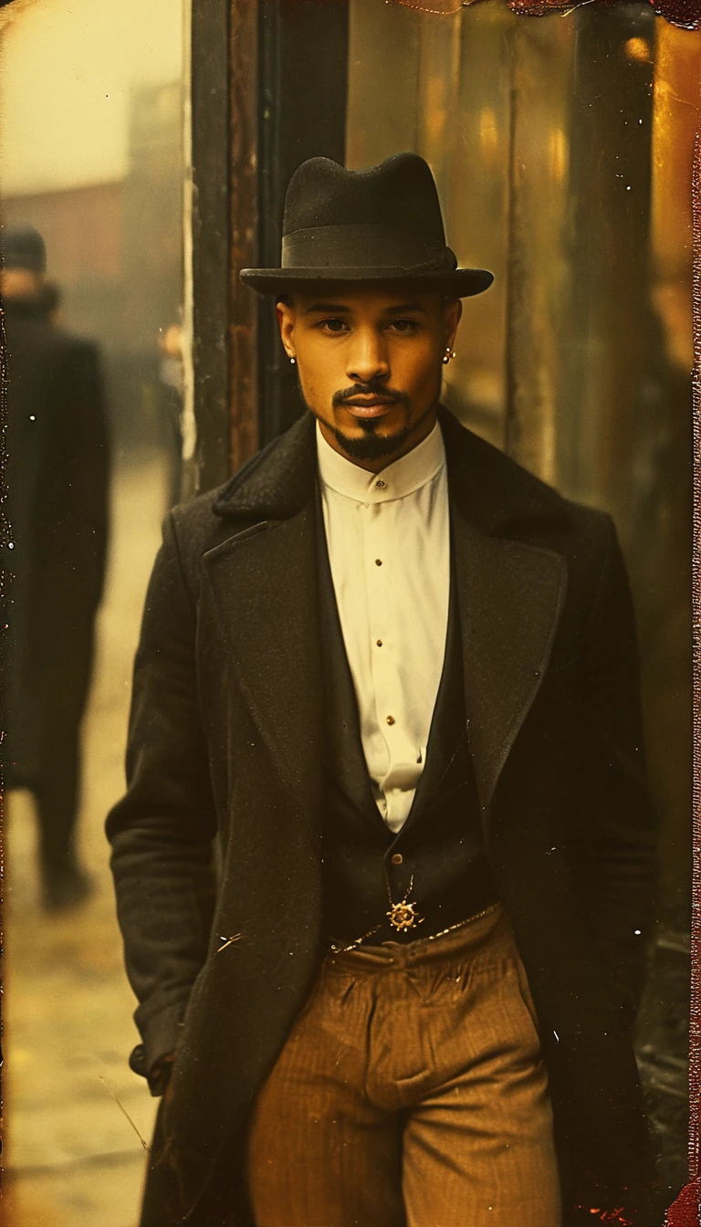 (Bald brunette mulatto) (goatee) (white dress shirt with long puffed sleeves) wears a black bowler-style hat, burgundy-colored vest with gold buttons, black overcoat, black trousers, gold pocket watch, gold rings on his fingers, sir