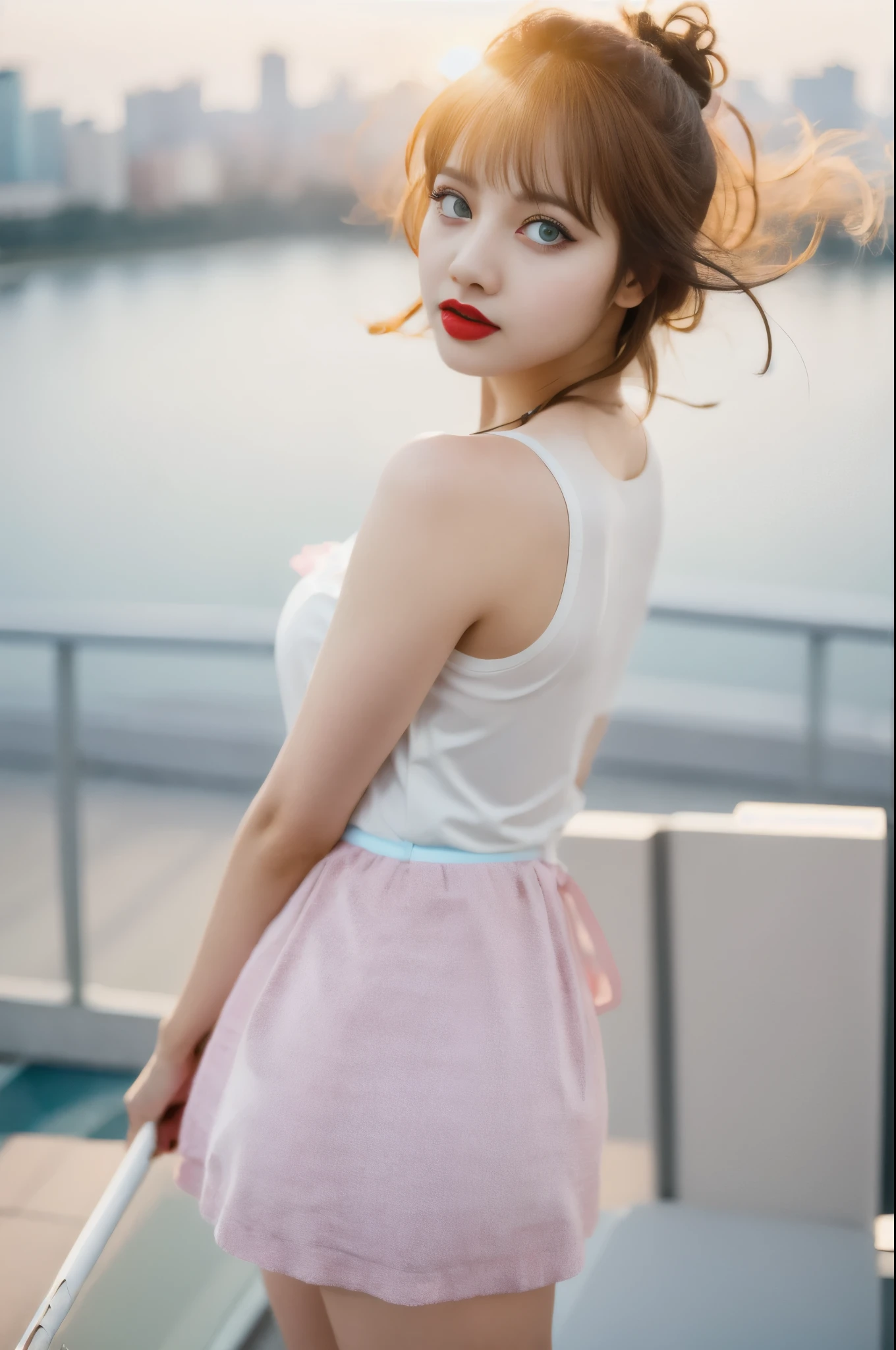 (Masterpiece, best quality: 1.2), 1 girl, alone, full body, (Hair tones of pink and blue), (big blue eyes), (lipstick, makeup), (simple red and white dress), Beautiful body , walking along the edge of a high fence, dynamic pose, 4k, high resolution, RAW quality, (close up shot from below), sunset in the background,