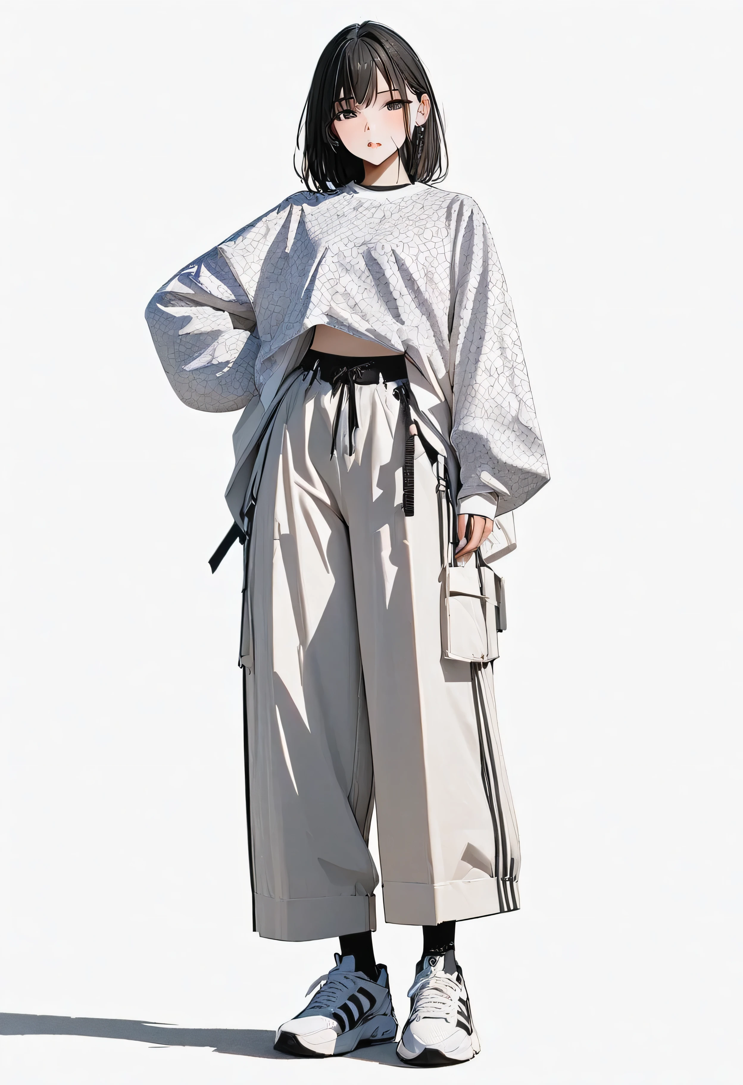 (Masterpiece, highest quality: 1.2, 8K), One girl in the center, wearing innerwear inside a white patterned shirt, wide pants, simple sneakers, whole body, simple background, white background,
