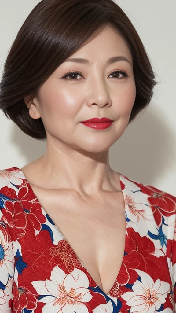 Mature Woman, Face close-up, Japanese painting gravure, senior citizen, Draw lips correctly, Red lipstick, No discomfort, 16K, Highest quality, Very detailed, Realistic, Very detailed肌, (Korean), alone, Large Breasts, Mature Madam, Glamour, sexy, Chromo White Skin, Staring straight ahead,