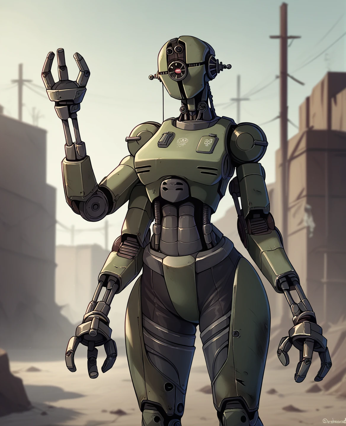 score_9, score_8_up, score_7_up, score_6_up, score_5_up, source_furry, assaultron, fallout, 1girl, solo, breasts, looking at viewer, robot, humanoid robot, robot joints, one-eyed, joints, no humans, green skin, mechanical arms, crotch plate, science fiction, post-apocalypse, outside, robotic hand, 3 fingers, An enclave assaultron with 6 arms, masterpiece, best quality, assaultron, black armor, armor, extra arms