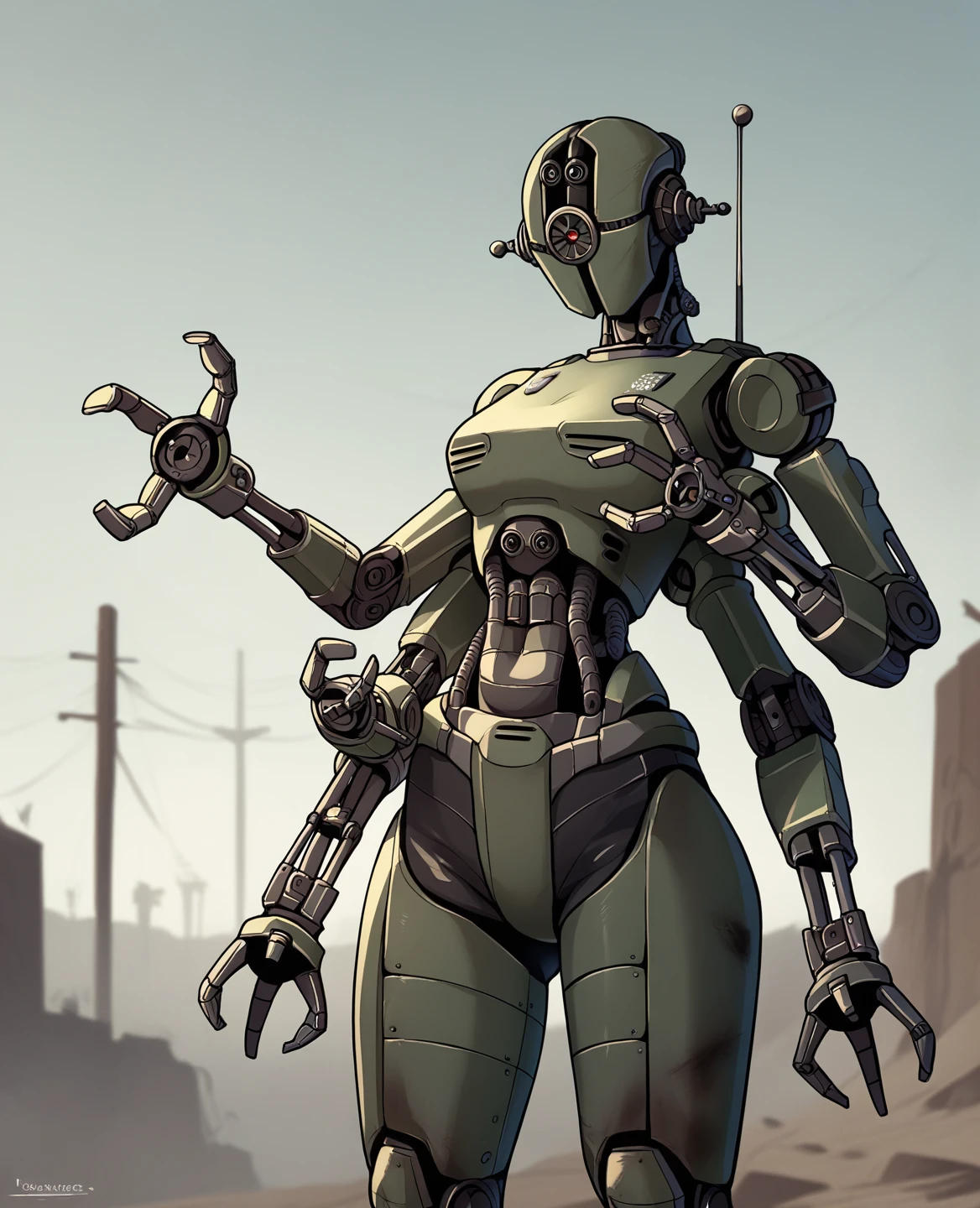 score_9, score_8_up, score_7_up, score_6_up, score_5_up, source_furry, assaultron, fallout, 1girl, solo, breasts, looking at viewer, robot, humanoid robot, robot joints, one-eyed, joints, no humans, green skin, mechanical arms, crotch plate, science fiction, post-apocalypse, outside, robotic hand, 3 fingers, An enclave assaultron with 6 arms, masterpiece, best quality, assaultron, black armor, armor, extra arms