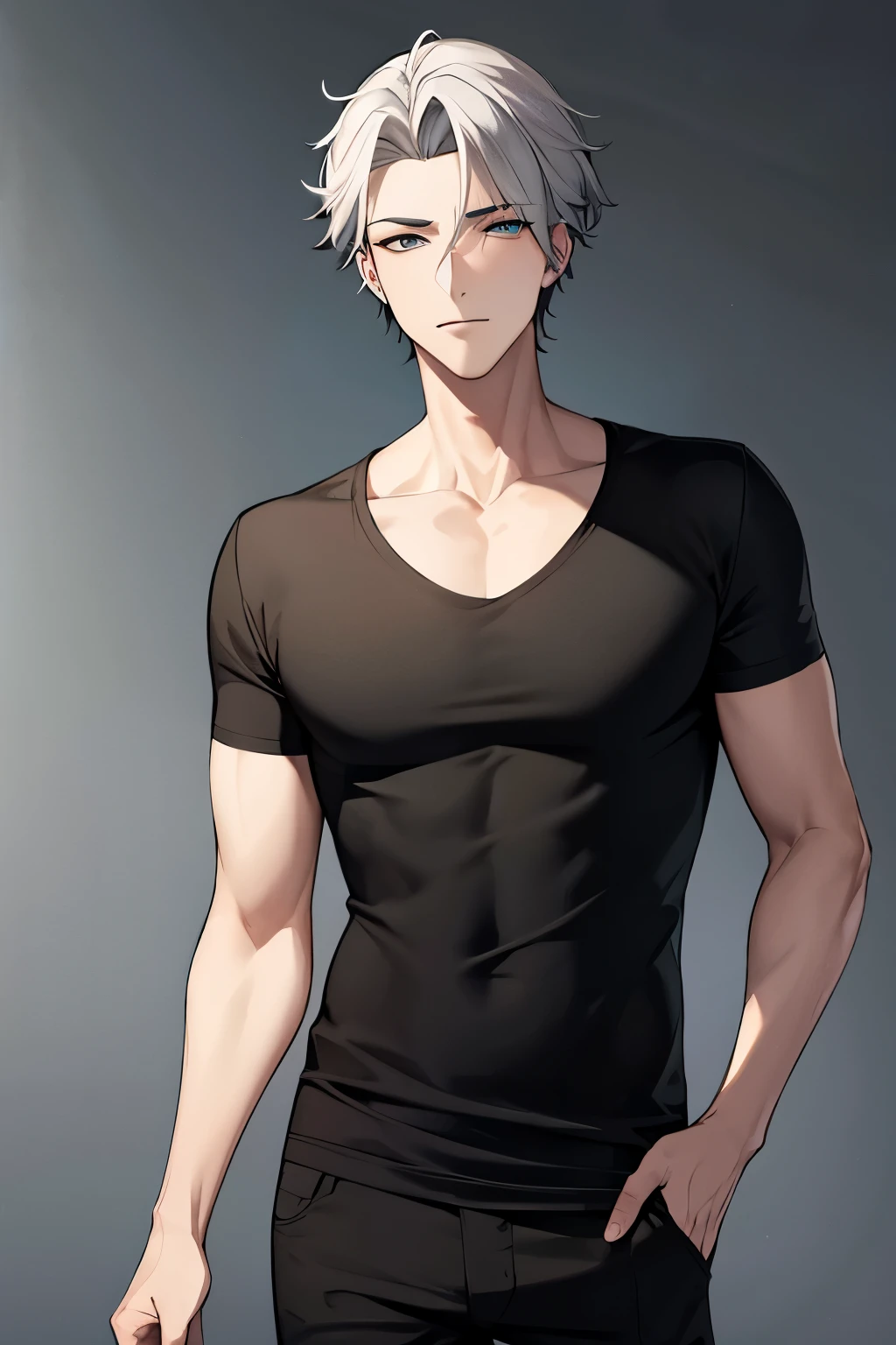 generate a half body picture of a slim handsome guy in his 30s, wearing a black t-shirt
