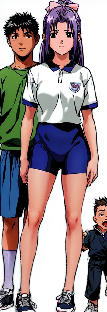 Momoko Koigakubo, a tall girl with beautiful legs, is standing with a smile on her face in a white gym uniform and light navy blue bloomers that look like panties.。Momoko Koigakubo is holding a boy wearing a tracksuit next to her.。