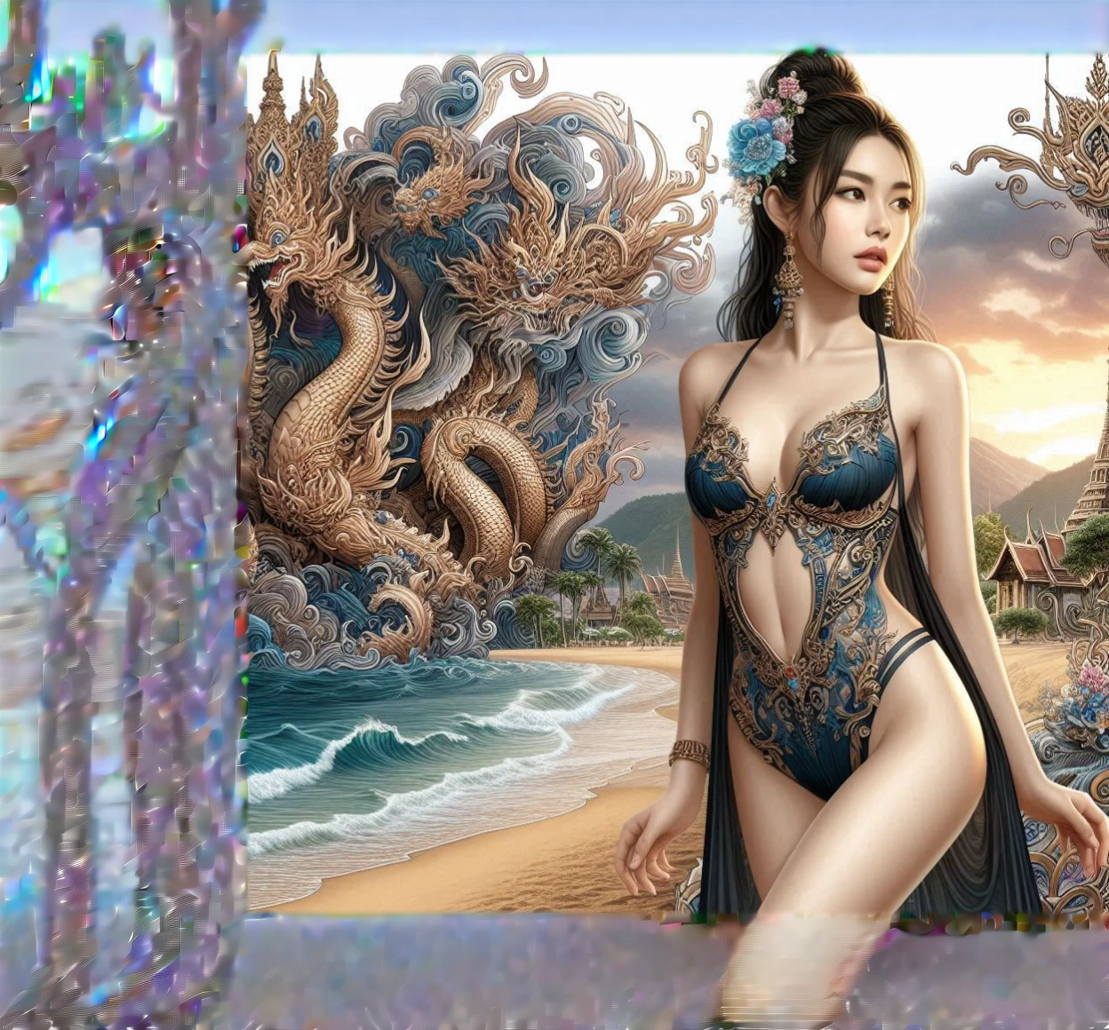 a beautiful woman in a swimsuit in a royal desert, extremely detailed 3D, hyper realistic, detailed facial features, long eyelashes, intricate jewelry, flowing fabric, desert landscape, golden hour lighting, warm color tones, volumetric lighting, cinematic composition, masterpiece, 8K