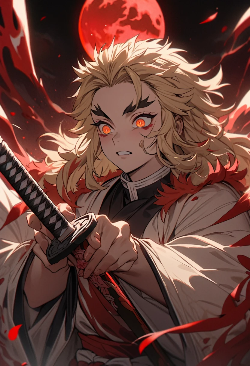 Absurd, High resolution, Super detailed, High resolution, masterpiece, Highest quality, Rengoku Kyojuro grabbing a katana, Medium blonde hair with red streaks, Expressive orange eyes, Kimetsu no Yaiba, 1 person, good looking, Red petals, red lily, Red Moon, inflammation