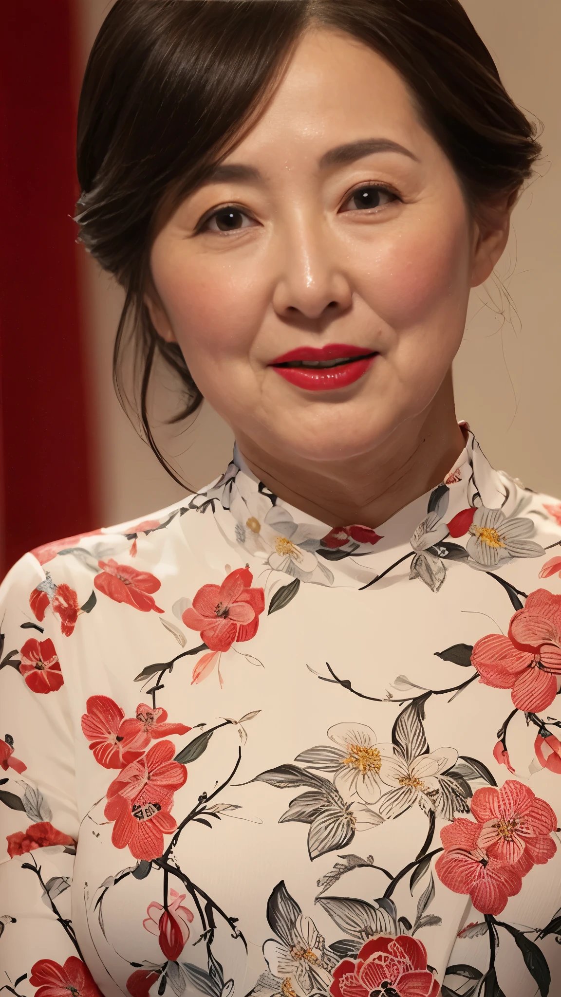Mature Woman, Face close-up, Japanese painting gravure, senior citizen, Draw lips correctly, Red lipstick, No discomfort, 16K, Highest quality, Very detailed, Realistic, Very detailed肌, (Korean), alone, Large Breasts, Mature Madam, Glamour, sexy, Chromo White Skin, Staring straight ahead,
