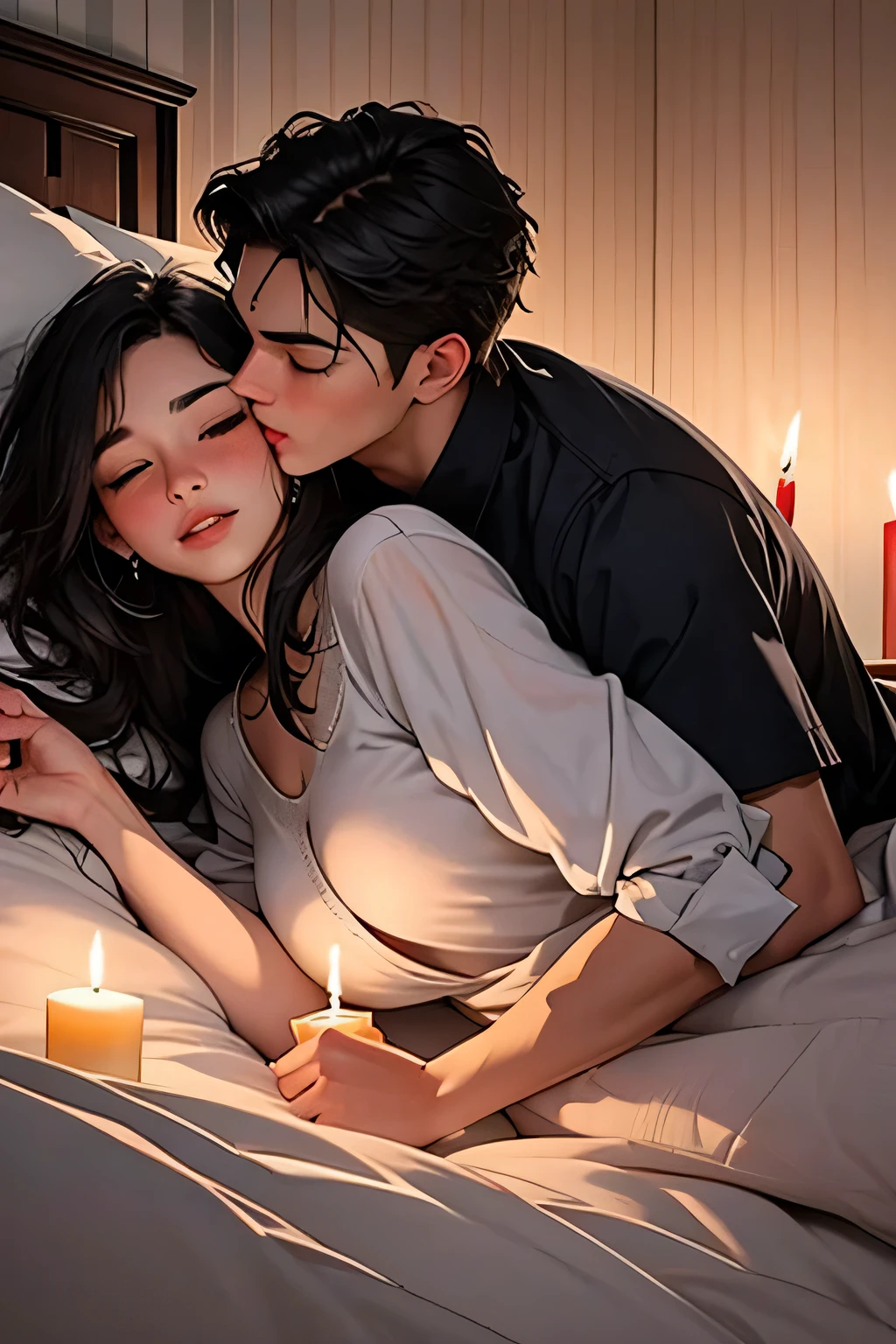 Young boy and woman passionately making out, kissing, lips touching, hugging tight, both blushing intensely, eyes closed, in bed, night time, candles lit