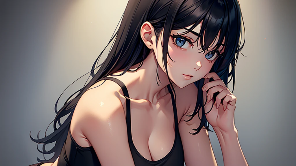 a Beautiful 20 year old woman, black camisole, touch of the dramatic, Emphasis on the collarbone, 