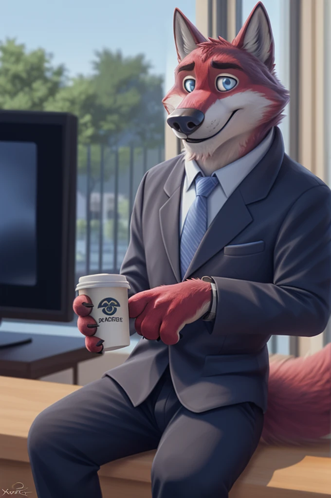Joachim Wolfbach (Zootopia),tall handsome, wolf,young, 24 years, brown fur, hair on the head,(red body:1.3),Blue eyes, Moscow Dressed, shirt,blazer, tie,trousers,canine, wolf, detailed fur, Male, antro, paw pads, finger claws,holding a cup of coffee, at viewer, 5 fingers, paws, 5 fingers, smile, happy, resting, wrist watch, т nextel, sitting at home watching TV, by xenoforge, (difficult, high detail, film photography, soft focus, RAW, pilot by training,smile смех 
фотореализм, realistic, photorealistic, analog style, Subsurface scattering, 
masterpiece, Best quality, ultra realistic, 8 k)