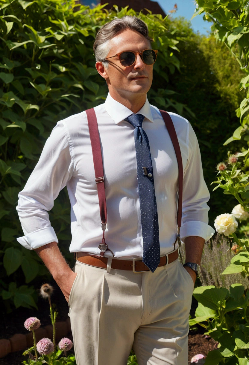a raaccoon consultant is in the garden sunbathing, with his tie loosened and two shirt buttons open