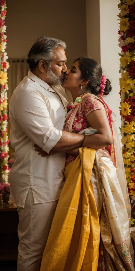 a  50-year-old shirtless man  affectionately hugging and kissing aradiant, full-figured South Indian plus-sized 30 year old teacher wearing a cream silky saree in  dressing room, captured in a full-body image with vibrant hues and meticulous details. Full body image