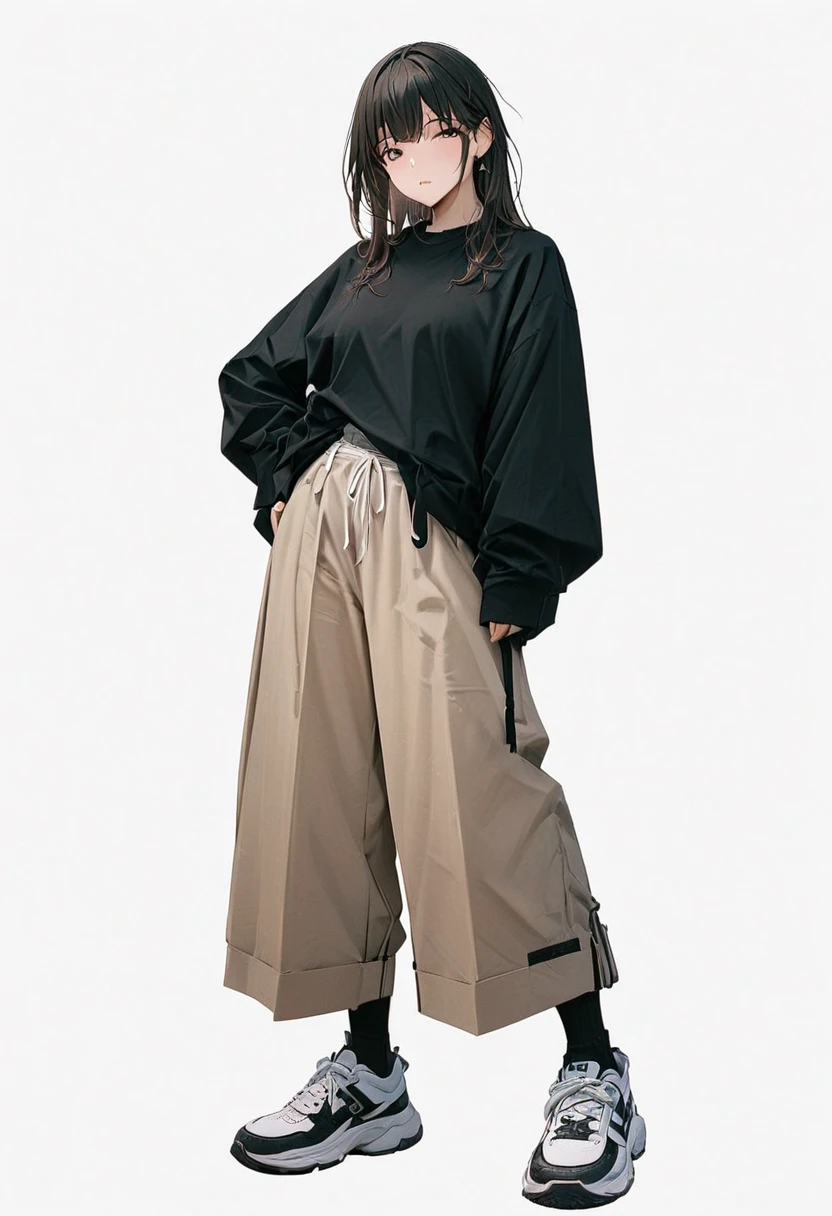 (Masterpiece, highest quality: 1.2, 8K), One girl in the center, wearing layers inside a black shirt, super wide pants, simple sneakers, whole body, simple background, white background,
