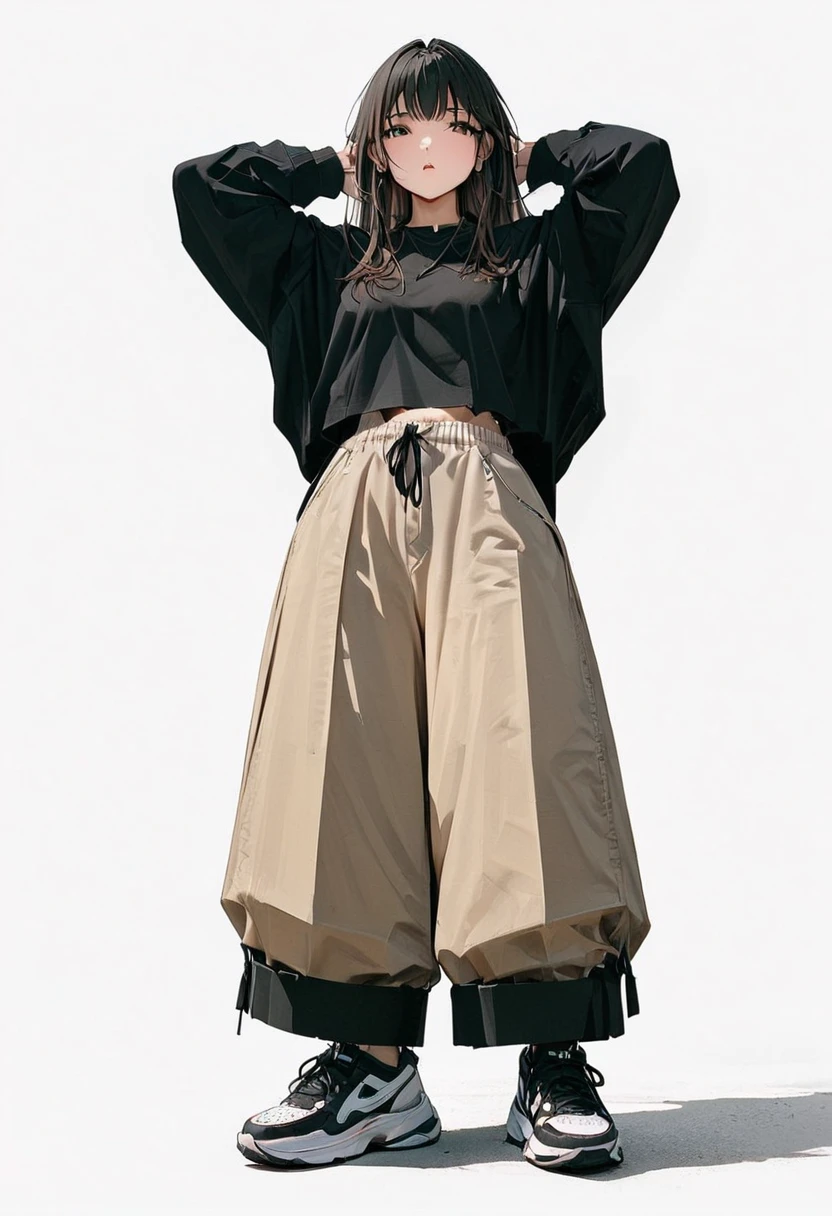 (Masterpiece, highest quality: 1.2, 8K), One girl in the center, wearing layers inside a black shirt, super wide pants, simple sneakers, whole body, simple background, white background,