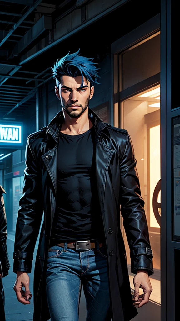 18 year old man, short blue hair, thin, Black trench coat, jeans, black t-shirt, he has days of beard. Cómic style. Marvel comics