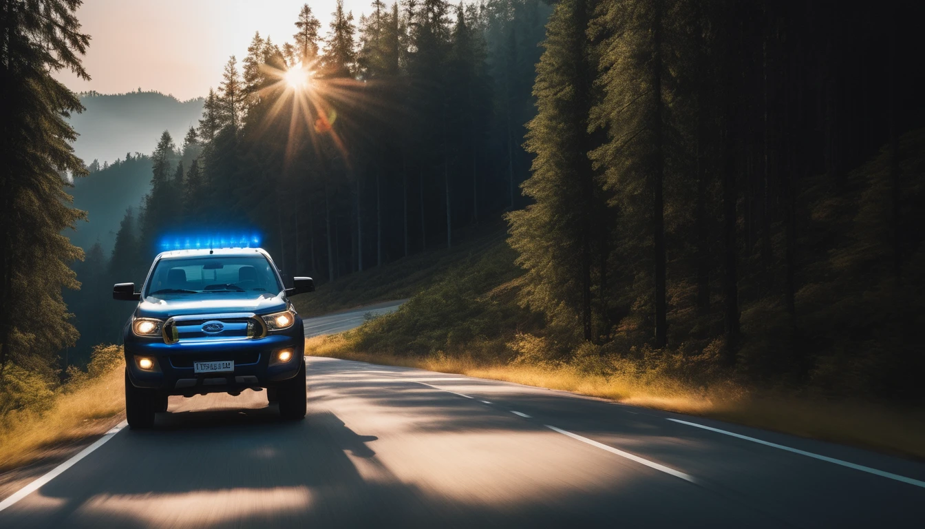 pickup truck photos,A pickup truck,Driving on the road,Blue photo,detail强化,blur background/Bokeh,Bright with natural light,Ray Tracing,Sky,forest,Hill in the distance,Highly detailed environments,Low depth of field,HD,detail,8K,lens flare,Sunlight,