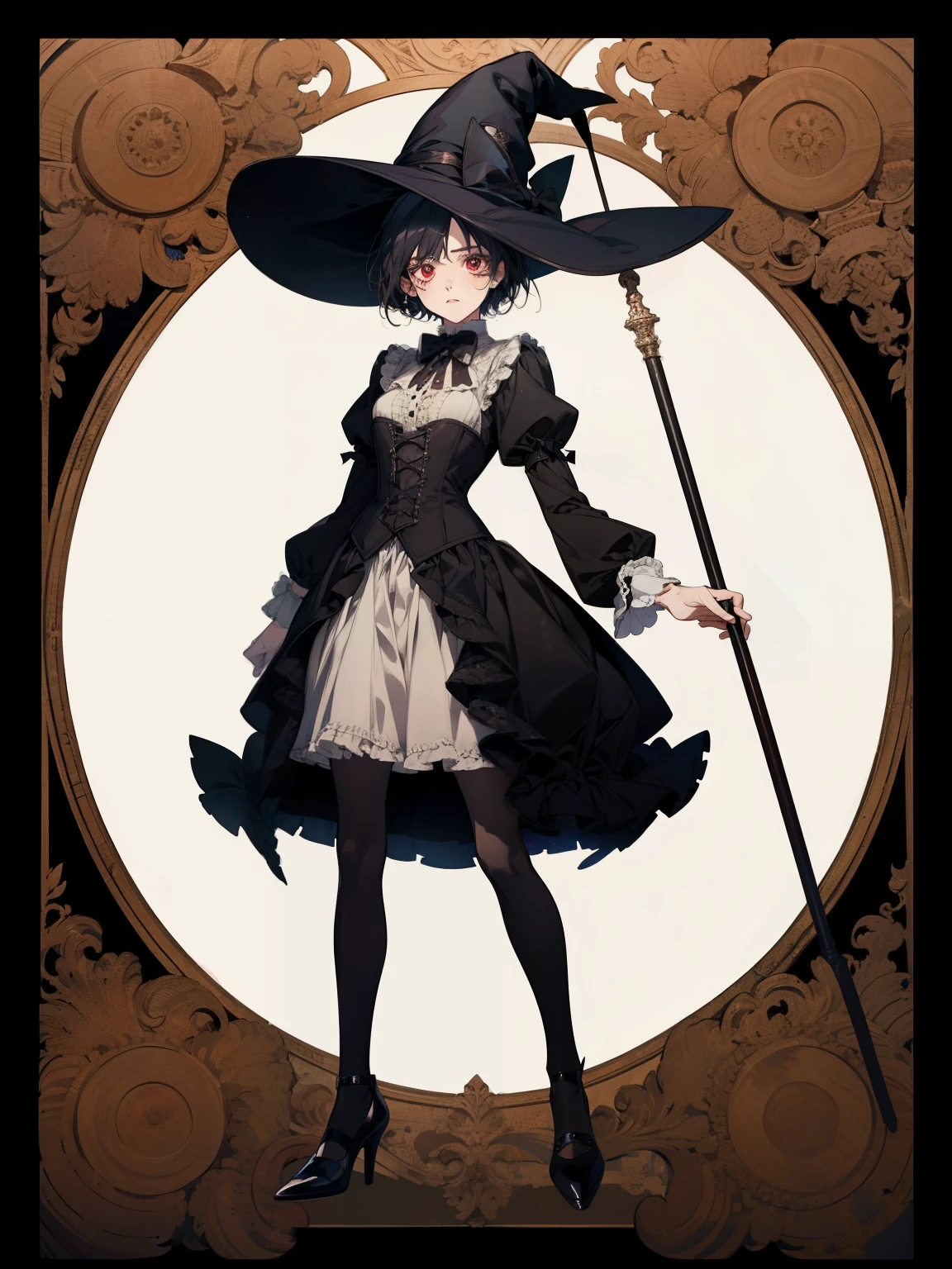 anime girl, red eyes, black short hair, gothic butler outfit, witch hat, heels, Gothic art, high details, high quality, 4K, HD, masterpiece, anatomically correct