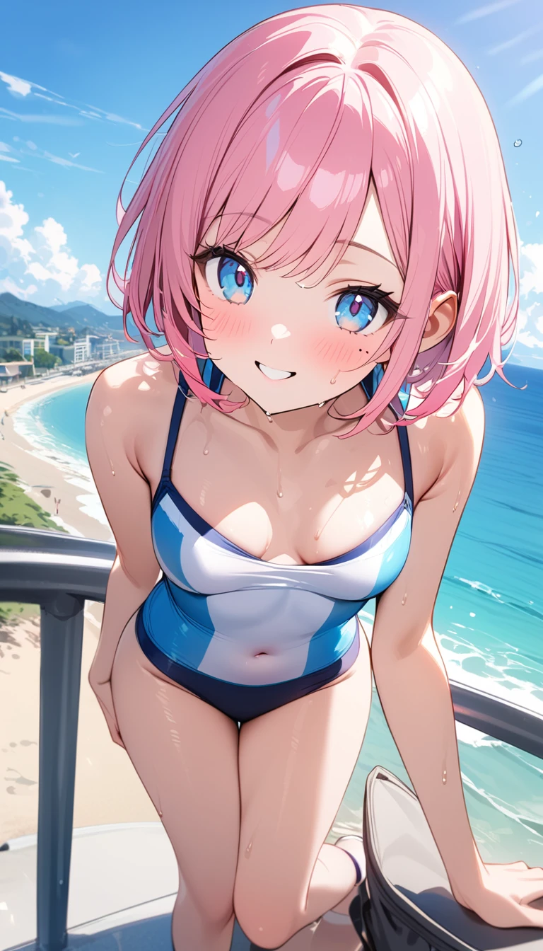 (1 girl),(Best Picture Quality, 8K, Masterpiece:1.3), (high school student:1.5), ((pink lob hair:1.1)), (bob cut),(swept bangs), (cute eyes, pupil black, iris skyblue, youthful face), (mole under right eye), (standard weight), (small breasts), (glistening skin:1.1),(pale skin:1.2),(pink Racing-style swimsuit),(seaside),((Gyaru fashion:1.3)),(wet:1.1),((summer scene:1.2)),(magnificent view),(overlooking),(Smile).