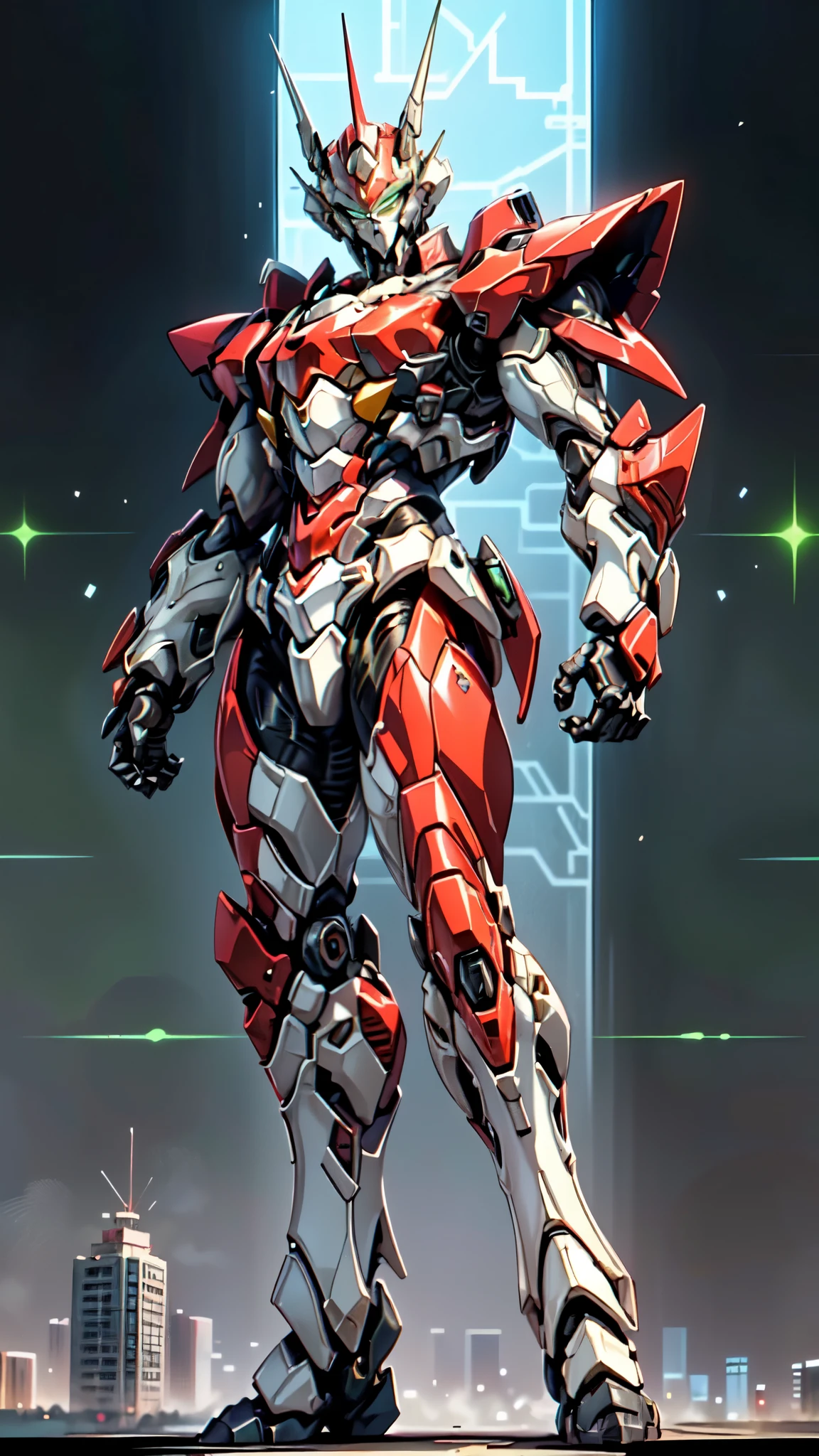 (masterpiece:1.5, best quality:1.5, extremely delicate:1.5, foreshortening:1.5, dynamic angle:1.5), a man wearing a full-face helmet, a fantasy-style biotech armored combat suit, green eyes, (a composite layered chest armor), fully enclosed shoulder guards, matching arm and leg guards, belt of Neon circuit, (the color scheme is primarily white with red green accents), the design balances heavy with agility, a high-tech bio-mecha armor, (Armor Concept Inspired by neon Cyberpunk, stand on the top of a skyscraper in a futuristic sci-fi city), this character embodies a finely crafted fantasy-surreal style armored hero in anime style, exquisite and mature manga art style, (element, plasma, energy, the armor glows), ((male:1.5)), metallic, high definition, highres, ultra-detailed, ultra-fine painting, professional, perfect body proportions, golden ratio, anatomically correct, symmetrical face, extremely detailed eyes and face, high quality eyes, creativity, RAW photo, UHD, 32k, Natural light, cinematic lighting, masterpiece-anatomy-perfect