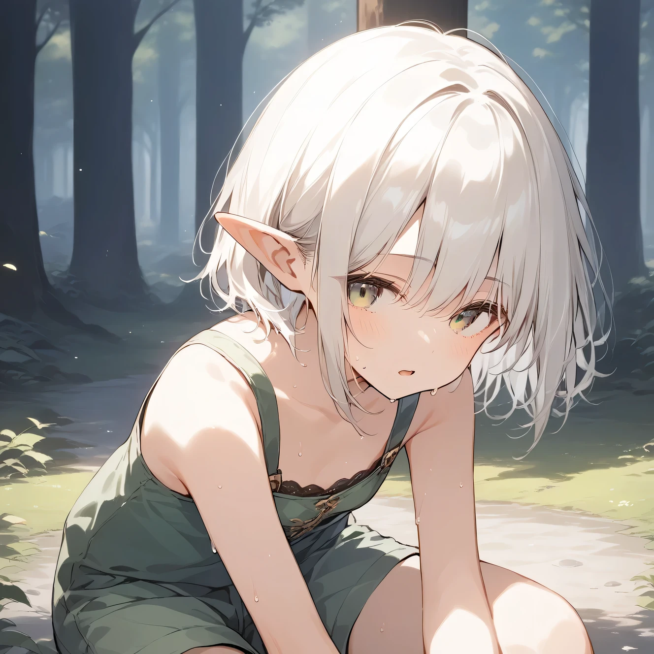 score_9, score_8_up, score_7_up, source_anime, best quality, masterpiece, official art, absurdres, highres, ultra-detailed,waifu2x,Collection: Slice of Life,break,1girl, elf, short hair, slender, androgynous,expressionless, small breasts, beautiful detailed eyes, green shorts, sweat, open mouth, sleepily, outdoors, forest, spring,break,(clear line illustration:1.2), super detailed skin,very high resolution, very aesthetic, Best sexual lighting powered by famous artist, 8k,cute picture,beauty illustration,photoshop_(medium),,(Detailed Lighting),best anime 8k konachan wallpaper, pixiv contest winner,