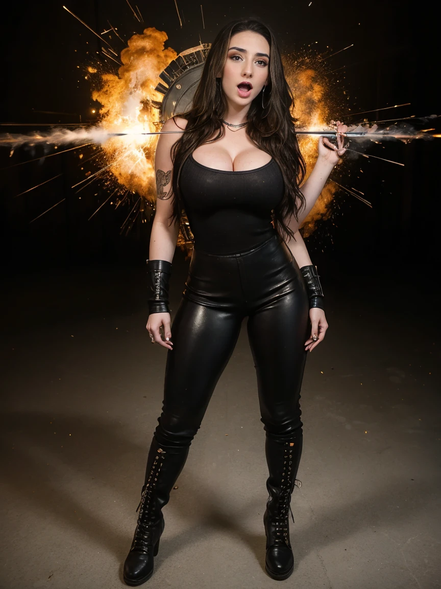 Extremely busty thin and toned brunette death metal singer, college girl, fair skin, big hair, hair pulled back, soft face, athletic, heavy makeup, piercings, black leather, studs, bodysuit, boots, fingerless gloves, chains. standing on a stage, pyrotechnics, holding a microphone, metal concert. (microphone), angry, rage, screaming. Heavy metal. Death metal. Explosions, fire.