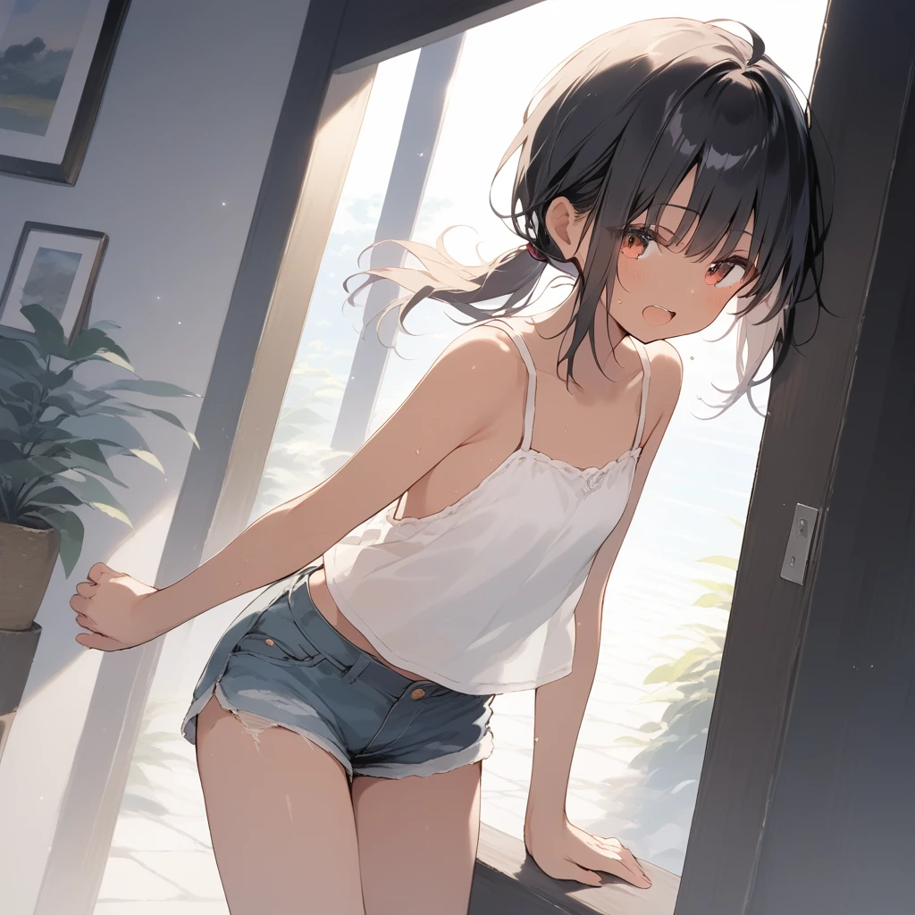 score_9, score_8_up, score_7_up, source_anime, best quality, masterpiece, official art, absurdres, highres, ultra-detailed,waifu2x,Collection: Slice of Life,break,1girl, tomboy, dark-skinned female, short hair, low ponytail, flat chest, beautiful detailed eyes, short shorts, sweat, open mouth, (yawn:0.3), sleepily, outdoors, wind,break,(clear line illustration:1.2), super detailed skin,very high resolution, very aesthetic, Best sexual lighting powered by famous artist, 8k,cute picture,beauty illustration,photoshop_(medium),,(Detailed Lighting),best anime 8k konachan wallpaper, pixiv contest winner, 