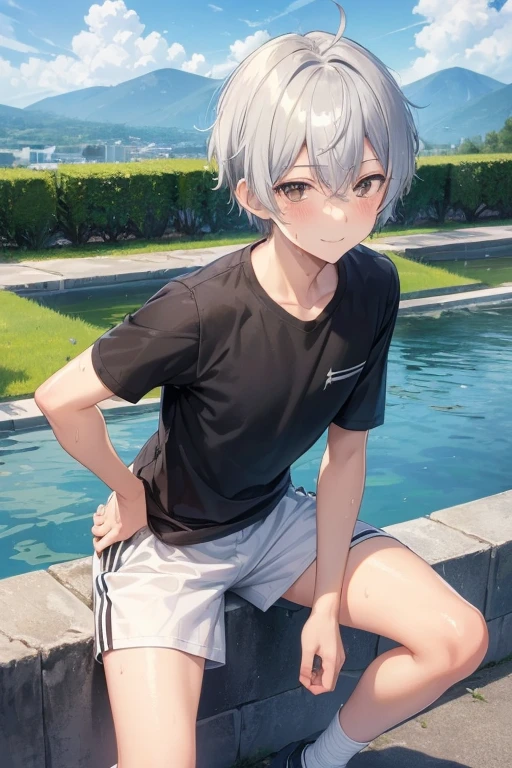 Kimishima Ikuto、、（1:boy)、(Hairstyle:Silver short hair,Silver Hair、Wet Hair)、Slanted Eyes、Brown eyes、Perfect Anatomy、(Landscape),hands on knees、Leaning forward、Dynamic Angle、(Provocative smile、Sportswear)