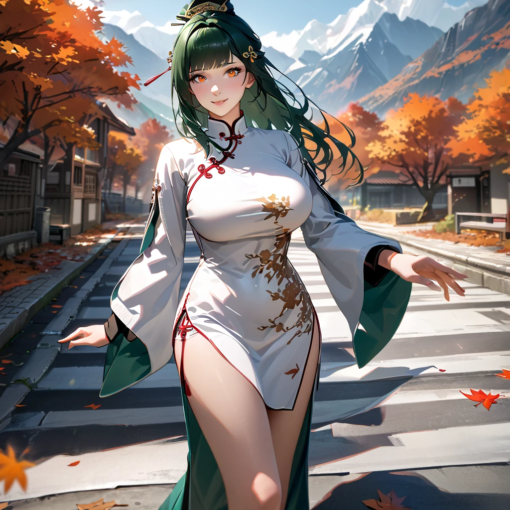 A woman wearing long-sleeved traditional Chinese dress, green hair, long hair, hair ornament in traditional Chinese aesthetic, green heels, orange eyes, walking on a concrete sidewalk, with trees in autumn aesthetic, orange leaves, background with large mountains , smiling, big breasts, daytime location,..UHD , prime work , accurate , anatomically correct , textured skin , super details , high quality , best quality, 8k, high resolution, bokeh effect. (woman solo), realistic, close view
