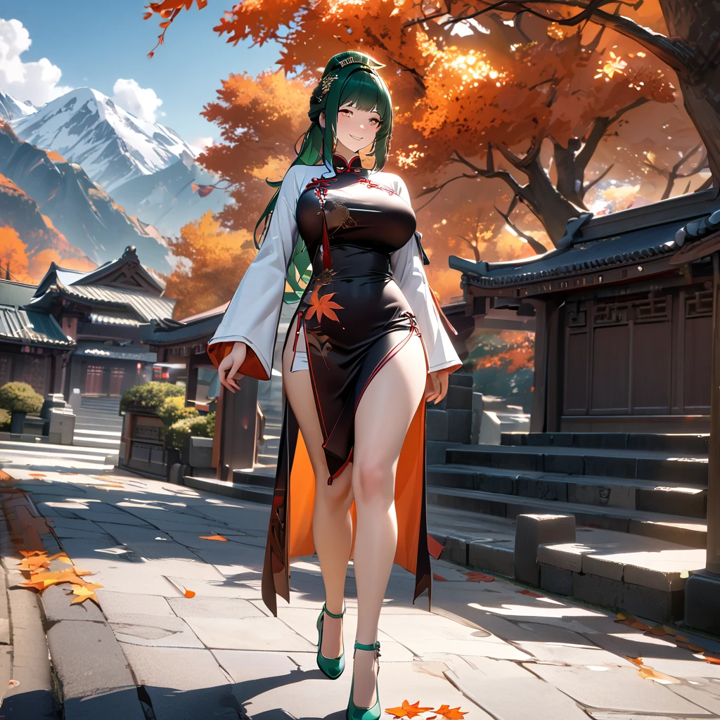 A woman wearing long-sleeved traditional Chinese dress, green hair, long hair, hair ornament in traditional Chinese aesthetic, green heels, orange eyes, walking on a concrete sidewalk, with trees in autumn aesthetic, orange leaves, background with large mountains , smiling, big breasts, daytime location,..UHD , prime work , accurate , anatomically correct , textured skin , super details , high quality , best quality, 8k, high resolution, bokeh effect. (woman solo), realistic, close view
