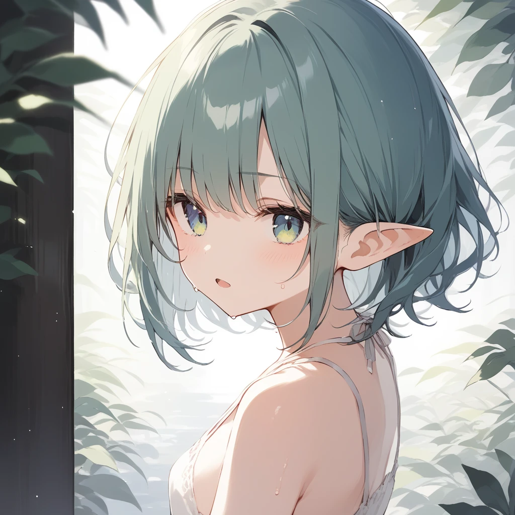 score_9, score_8_up, score_7_up, source_anime, best quality, masterpiece, official art, absurdres, highres, ultra-detailed,waifu2x,Collection: Slice of Life,break,1girl, elf, short hair, slender, androgynous,expressionless, small breasts, beautiful detailed eyes, green shorts, sweat, open mouth, sleepily, outdoors, forest, spring,break,(clear line illustration:1.2), super detailed skin,very high resolution, very aesthetic, Best sexual lighting powered by famous artist, 8k,cute picture,beauty illustration,photoshop_(medium),,(Detailed Lighting),best anime 8k konachan wallpaper, pixiv contest winner, 
