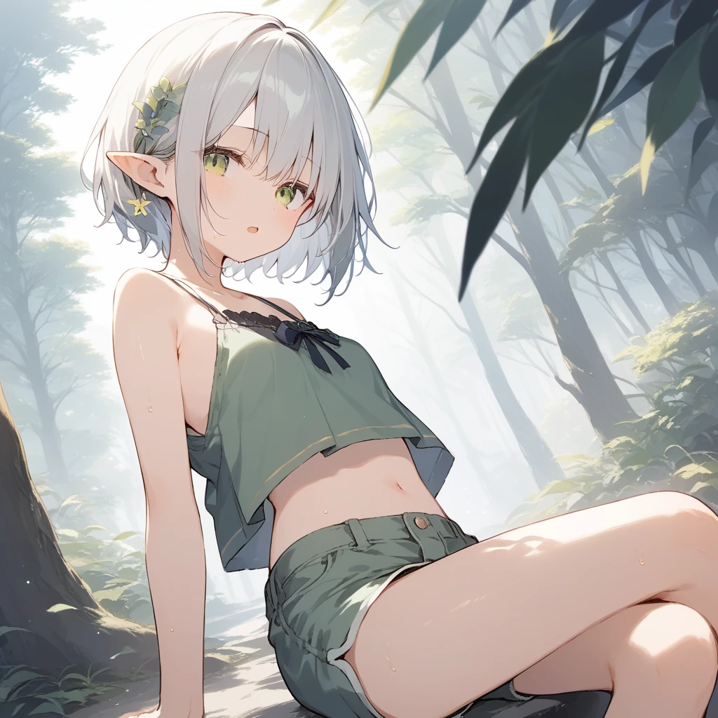 score_9, score_8_up, score_7_up, source_anime, best quality, masterpiece, official art, absurdres, highres, ultra-detailed,waifu2x,Collection: Slice of Life,break,1girl, elf, short hair, slender, androgynous,expressionless, small breasts, beautiful detailed eyes, green shorts, sweat, open mouth, sleepily, outdoors, forest, spring,break,(clear line illustration:1.2), super detailed skin,very high resolution, very aesthetic, Best sexual lighting powered by famous artist, 8k,cute picture,beauty illustration,photoshop_(medium),,(Detailed Lighting),best anime 8k konachan wallpaper, pixiv contest winner,