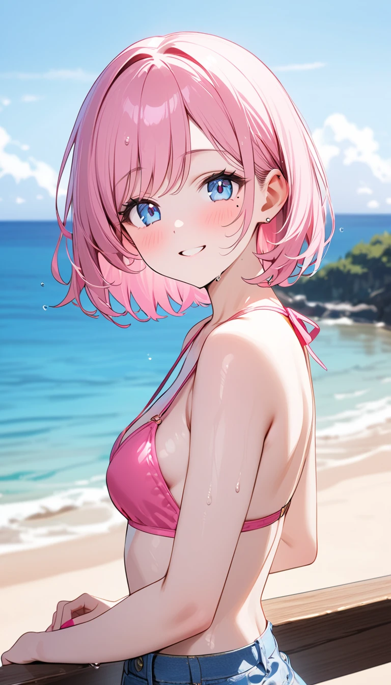 (1 girl),(Best Picture Quality, 8K, Masterpiece:1.3), (high school student:1.5), ((pink lob hair:1.1)), (bob cut),(swept bangs), (cute eyes, pupil black, iris skyblue, youthful face), (mole under right eye), (standard weight), (small breasts), (glistening skin:1.1),(pale skin:1.2),(pink bikini),(seaside),((Gyaru fashion:1.3)),(wet:1.1),((summer scene:1.2)),(magnificent view),(overlooking),(Smile).