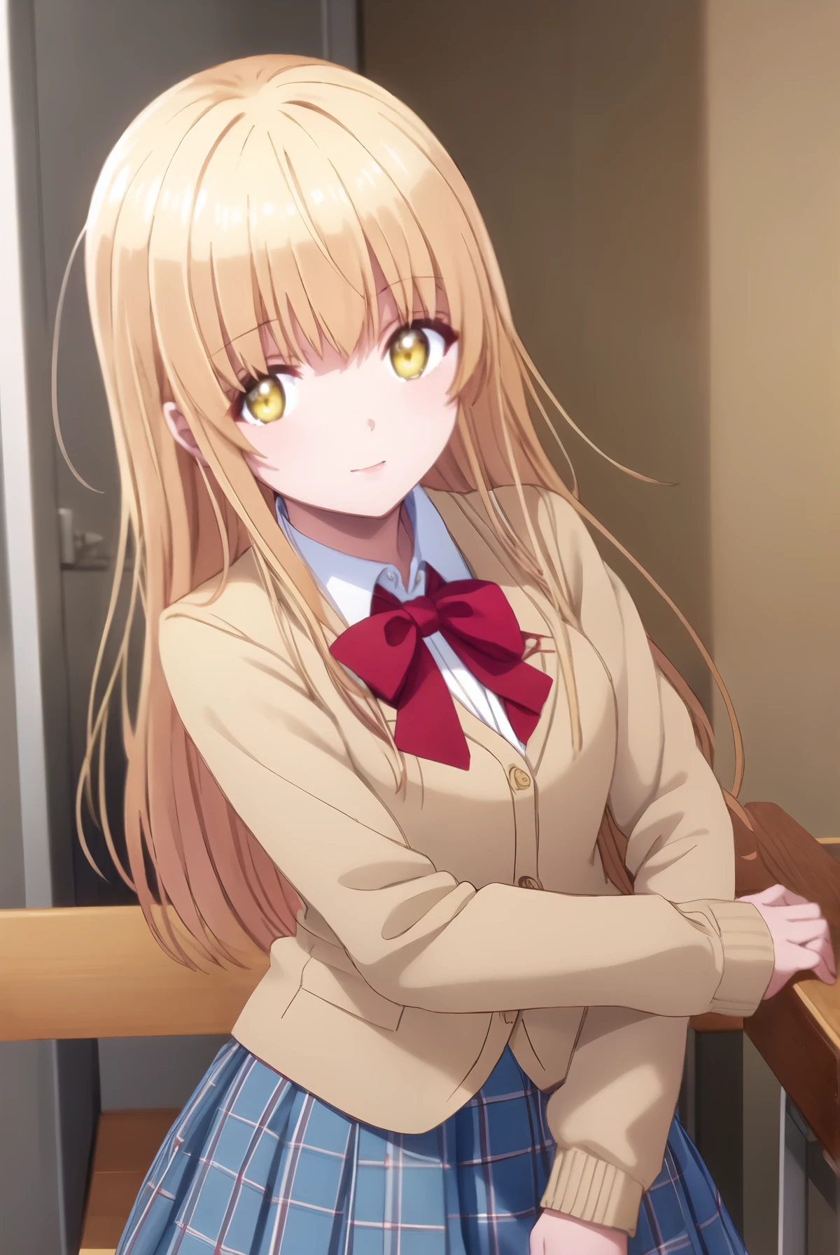 mahirushiina, mahiru shiina, long hair, bangs, blonde hair, brown hair, (yellow eyes:1.3), smile,
BREAK skirt, red bow, , jacket, pleated skirt, plaid, plaid skirt, blazer, cardigan, blue blazer, (red bowtie:1.2),
BREAK indoors, classroom,
BREAK looking at viewer, (cowboy shot:1.5),
BREAK (masterpiece:1.2), best quality, high resolution, unity 8k wallpaper, (illustration:0.8), (beautiful detailed eyes:1.6), extremely detailed face, perfect lighting, extremely detailed CG, (perfect hands, perfect anatomy),