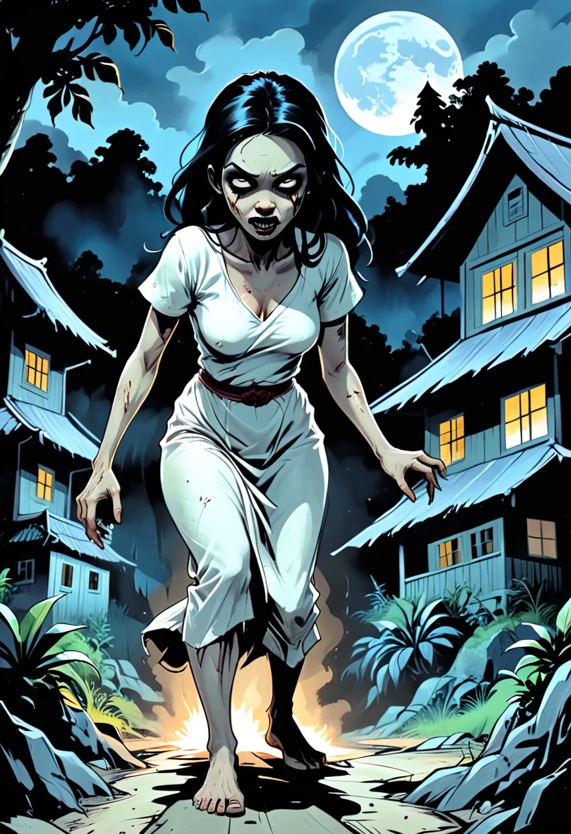 a comic book cover, illustration style. Titled written "SITI BALIK" a zombie woman, wearing white slubby long cloth, long black hair, crawling coming out from the terrain in front of a Malay house in the night. traditional Malay village house in distance. background of tropical forest and a mountain.