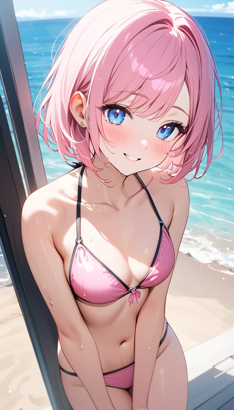 (1 girl),(Best Picture Quality, 8K, Masterpiece:1.3), (high school student:1.5), ((pink lob hair:1.1)), (bob cut),(swept bangs), (cute eyes, pupil black, iris skyblue, youthful face), (mole under right eye), (standard weight), (small breasts), (glistening skin:1.1),(pale skin:1.2),(pink triangle bikini),(seaside),((Gyaru fashion:1.3)),(wet:1.1),((summer scene:1.2)),(magnificent view),(overlooking),(Smile).