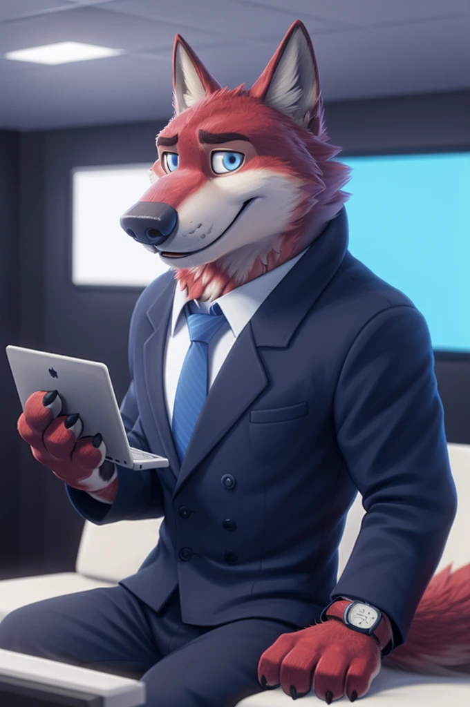Joachim Wolfbach (Zootopia),tall handsome, wolf,young, 24 years, brown fur, hair on the head,(red body:1.3),Blue eyes, Moscow Dressed, shirt,blazer, tie,trousers,canine, wolf, detailed fur, Male, antro, paw pads, finger claws,holding a laptop, at viewer, 5 fingers, paws, 5 fingers, smile, happy, resting, wrist watch, т nextel, sitting at home watching TV, by xenoforge, (difficult, high detail, film photography, soft focus, RAW, pilot by training,smile смех 
фотореализм, realistic, photorealistic, analog style, Subsurface scattering, 
masterpiece, Best quality, ultra realistic, 8 k)