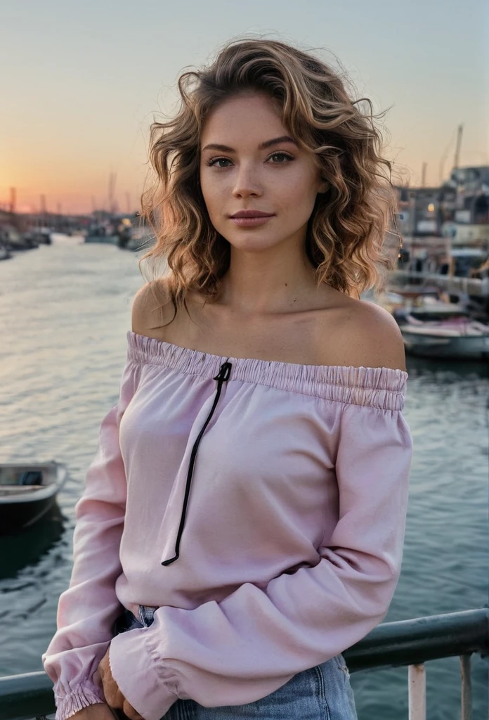 A woman with light brown, wavy hair stands near the water during sunset with boats in the background. She wears an off-the-shoulder, long-sleeved, light-colored top with black trim and a black thong with a pink details. She leans back against a railing, with both hands resting on it, and gazes confidently at the camera.