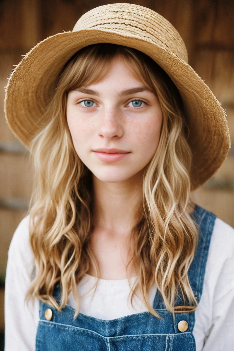 realistic photo of a 17-year-old girl, beautiful face, cute appearance, long wavy blonde hair with bangs, freckles, wearing straw hat with overalls, standing farms relaxed expression, brimming with emotion, interplay of contrast along with detailed light and shadow, depth of field, dark atmosphere with candlelight scenario,