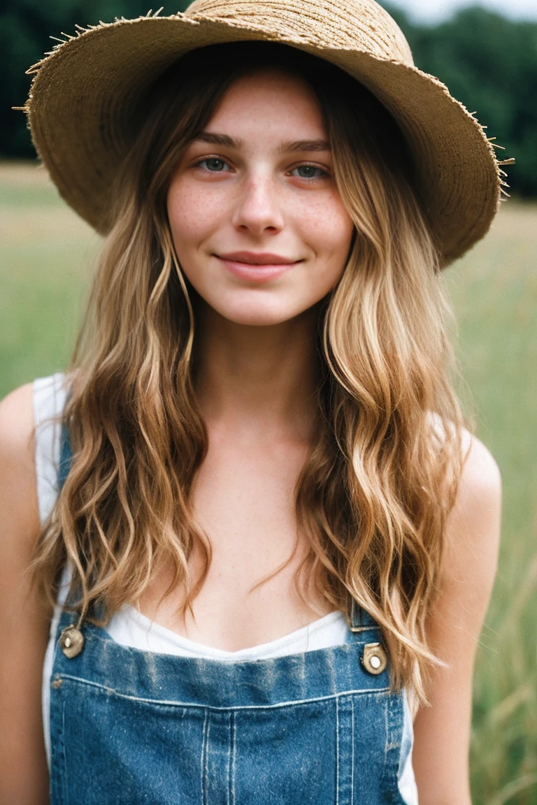 realistic photo of a 17-year-old girl, beautiful face, cute appearance, long wavy blonde hair with bangs, freckles, wearing straw hat with overalls, standing farms relaxed expression, brimming with emotion, interplay of contrast along with detailed light and shadow, depth of field, dark atmosphere with candlelight scenario,