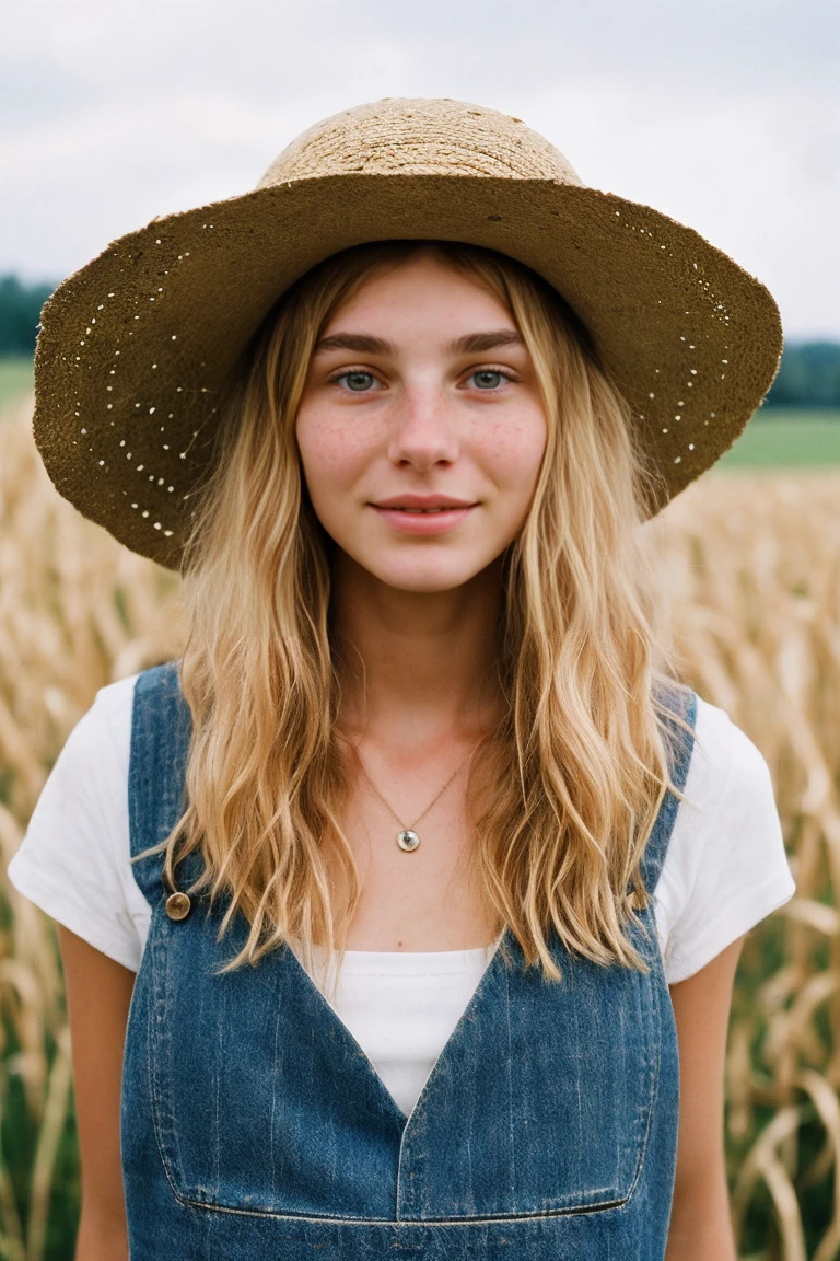 realistic photo of a 17-year-old girl, beautiful face, cute appearance, long wavy blonde hair with bangs, freckles, wearing straw hat with overalls, standing farms relaxed expression, brimming with emotion, interplay of contrast along with detailed light and shadow, depth of field, dark atmosphere with candlelight scenario,