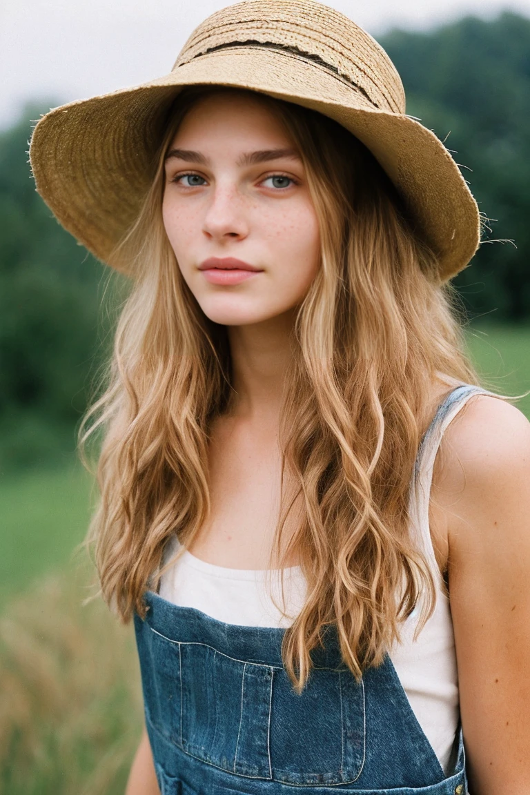 realistic photo of a , beautiful face, cute appearance, long wavy blonde hair with bangs, freckles, wearing straw hat with overalls, standing farms relaxed expression, brimming with emotion, interplay of contrast along with detailed light and shadow, depth of field, dark atmosphere with candlelight scenario,