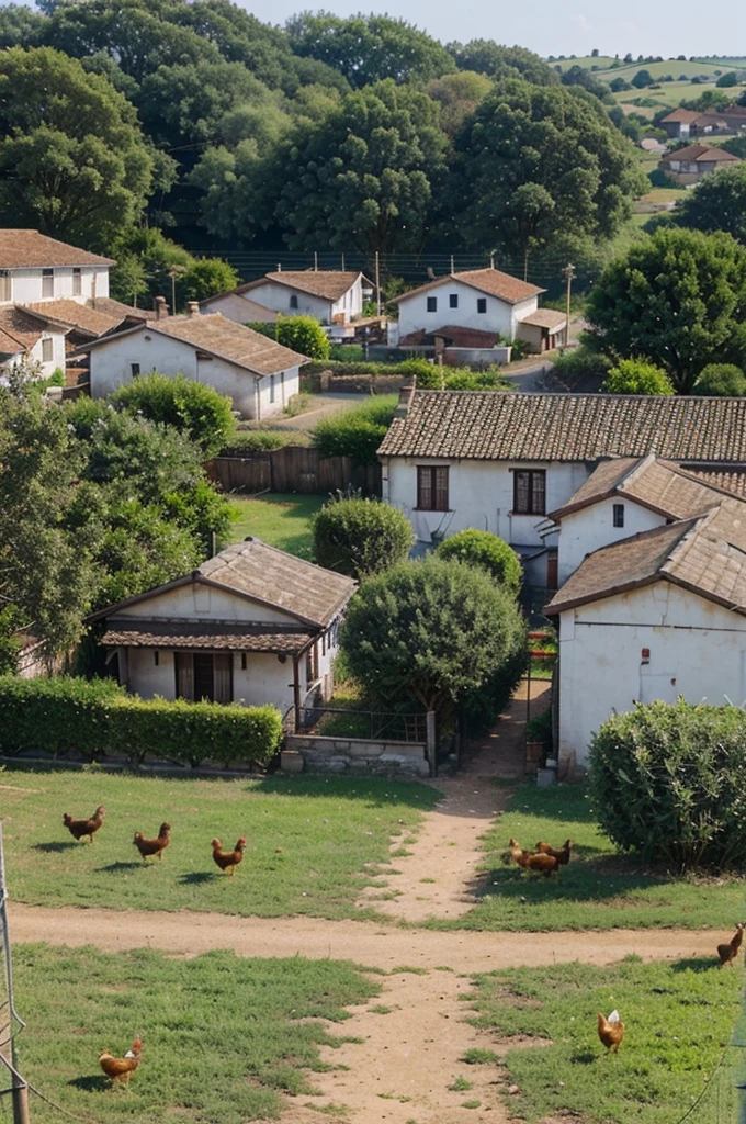View of the atmosphere in the morning, atmosphere in a beautiful rural village, There are chickens eating , looks realistic and genuine