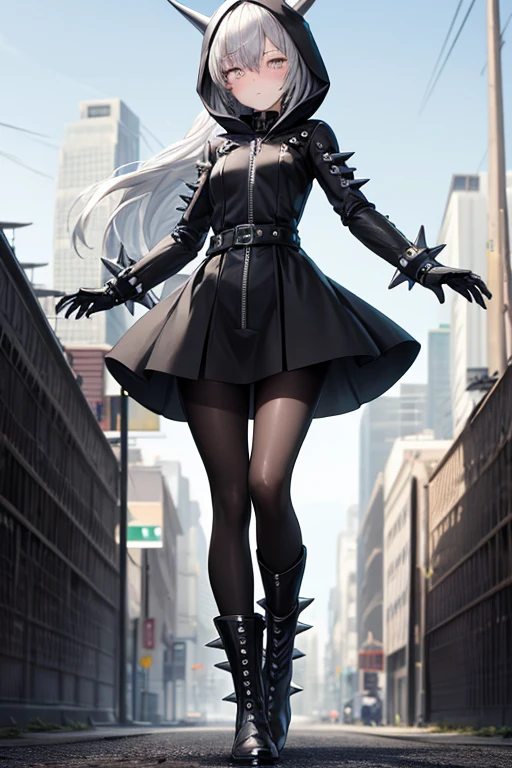 ((best quality)), ((masterpiece)), (detailed), 1 girl, Full body, 18 years old, Depressed face, Silver eyes, Arm outstretched, Gray zippered hood, Blushing, Silver hair, Spiky hair, Bangs, Strand of hair covering eye, Full body, Tall, Small breasts, Thin body, Metal spikes, Gray wristbands, Long black gloves with spikes, Gray gothic dress, Gray dress with metal spikes, Metal emblem, Somewhat tight, Black belt, Metal legs, Black pantyhose, Black boots, Walking through the city, Giant metal spikes sticking out of the street, Broken road, City background, Anime