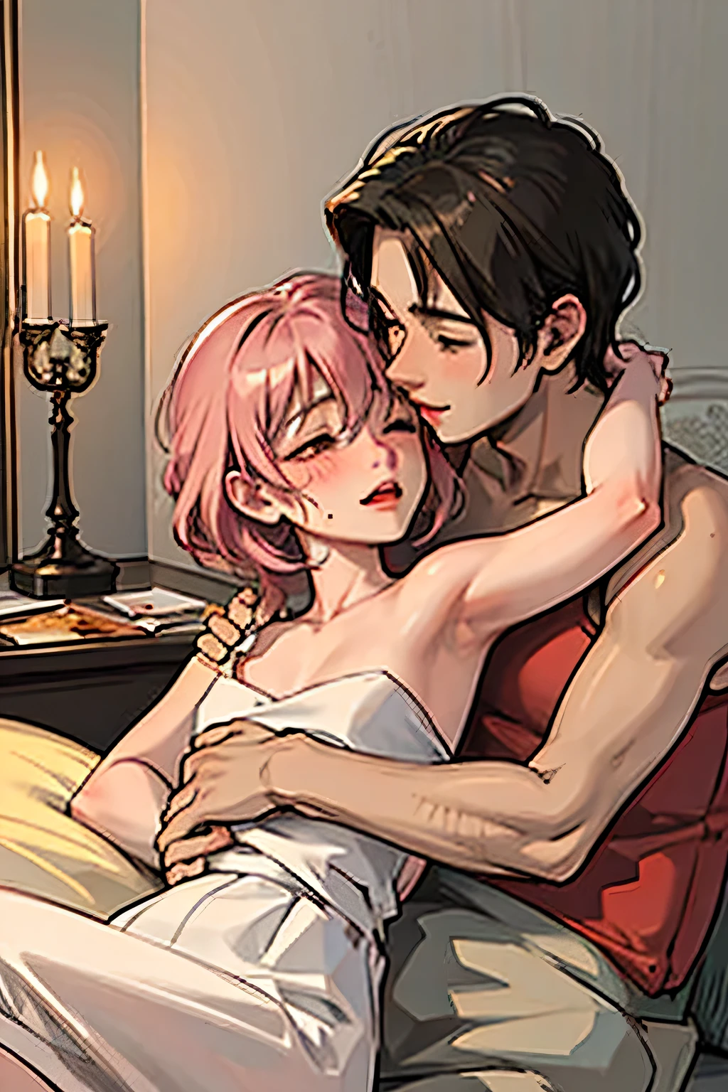  boy and woman passionately making out, kissing, lips touching, hugging tight, both blushing intensely, eyes closed, in bed, night time, candles lit